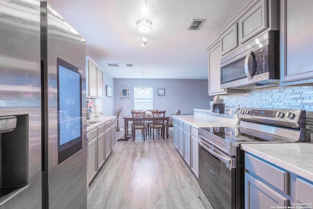 5634 Forest Cyn, San Antonio, TX 78252 - kitchen featuring appliances with stainless steel finishes, light wood finished floors, backsplash, gray cabinets, and a chandelier