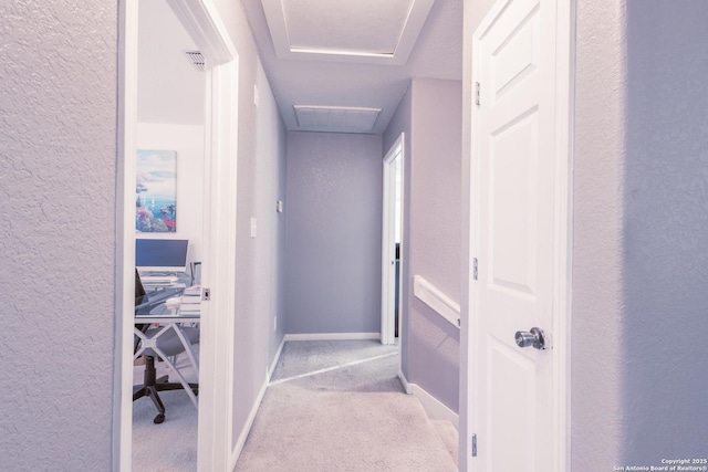 5634 Forest Cyn, San Antonio, TX 78252 - hall with a textured wall, carpet, an office area, attic access, and baseboards