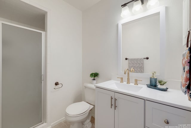 540 Marilyn Dr, Schertz, TX 78154 - bathroom with vanity, a stall shower, toilet, and tile patterned floors