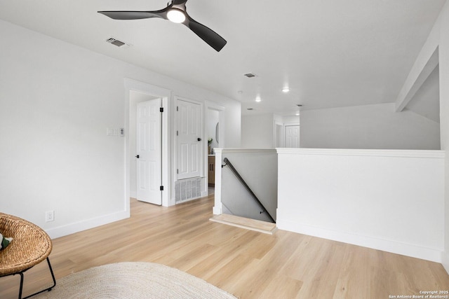 959 Lightstone Dr, San Antonio, TX 78258 - living area with an upstairs landing, light wood finished floors, baseboards, a ceiling fan, and recessed lighting