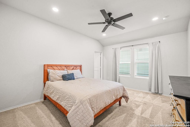 712 Monarch, Seguin, TX 78155 - bedroom with light carpet, recessed lighting, vaulted ceiling, baseboards, and a ceiling fan