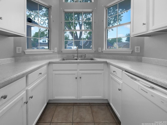 13611 Drakewood, San Antonio, TX 78247 - kitchen featuring white dishwasher, a sink, dark tile patterned flooring, and plenty of natural light