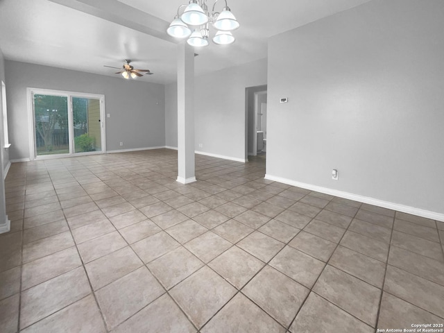 13611 Drakewood, San Antonio, TX 78247 - unfurnished living room featuring a ceiling fan, a chandelier, light tile patterned floors, and baseboards