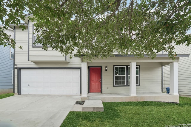 242 Butternut, San Antonio, TX 78245 - view of front facade featuring covered porch, driveway, a garage, and a front yard