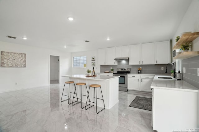 242 Butternut, San Antonio, TX 78245 - kitchen featuring stainless steel electric range oven, a sink, under cabinet range hood, open shelves, and light marble finish flooring