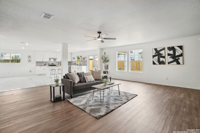 242 Butternut, San Antonio, TX 78245 - living room featuring wood finished floors, ceiling fan, healthy amount of natural light, a textured ceiling, and baseboards