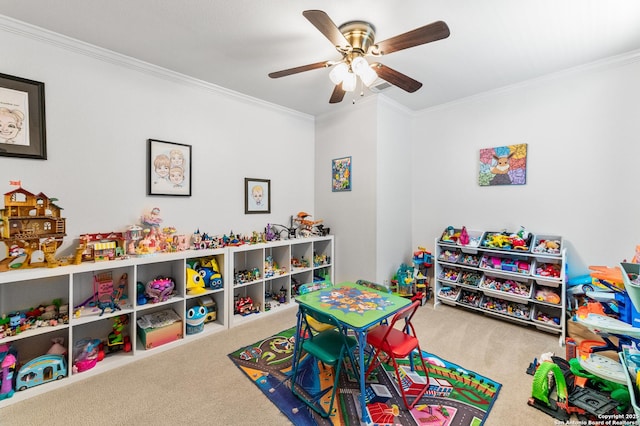 1623 Rainy Brk, Schertz, TX 78154 - recreation room featuring carpet flooring, crown molding, and ceiling fan