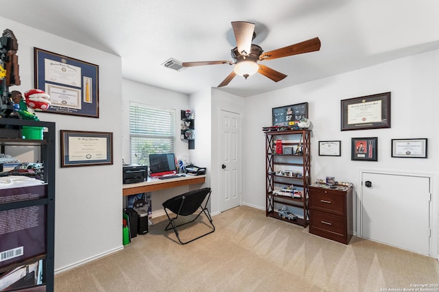1623 Rainy Brk, Schertz, TX 78154 - office area featuring ceiling fan, light colored carpet, and baseboards