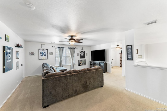 1623 Rainy Brk, Schertz, TX 78154 - living room with ceiling fan, light carpet, and baseboards