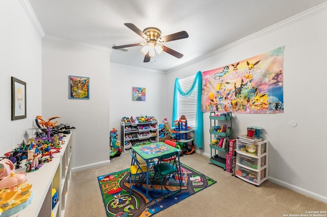 1623 Rainy Brk, Schertz, TX 78154 - game room featuring carpet, a ceiling fan, baseboards, and ornamental molding