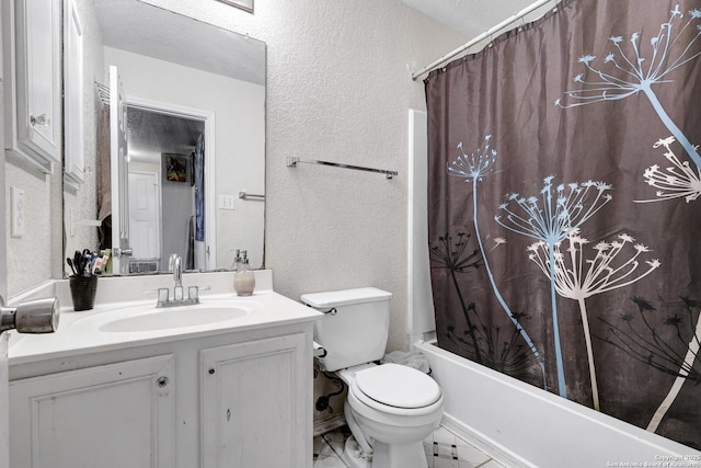 1515 Agency, San Antonio, TX 78245 - bathroom featuring a textured wall, vanity, toilet, shower / bathtub combination with curtain, and tile patterned floors