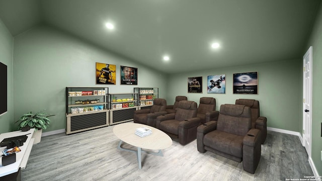 201 Lakeview Cir, La Vernia, TX 78121 - home theater with wood finished floors, vaulted ceiling, baseboards, and recessed lighting