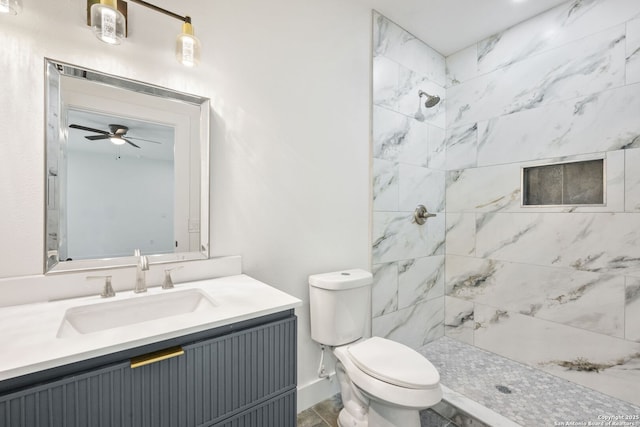 259 Future, San Antonio, TX 78213 - full bath featuring toilet, vanity, a tile shower, and a ceiling fan