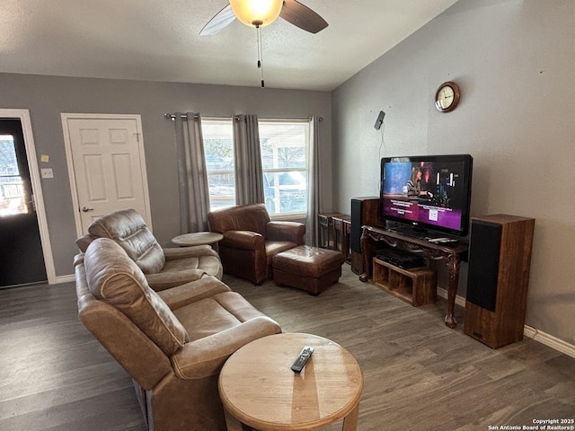 527 Artemis, San Antonio, TX 78218 - living area with a ceiling fan, wood finished floors, and baseboards