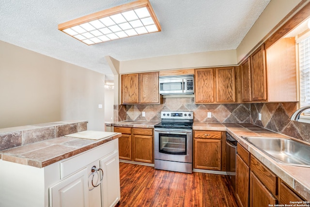 756 County Road 245, Hondo, TX 78861 - kitchen featuring appliances with stainless steel finishes, a sink, dark wood-style flooring, tasteful backsplash, and a textured ceiling