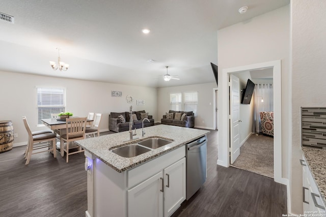 6955 Shiraz Way, Converse, TX 78109 - kitchen featuring stainless steel dishwasher, a sink, dark wood-style floors, white cabinetry, and ceiling fan