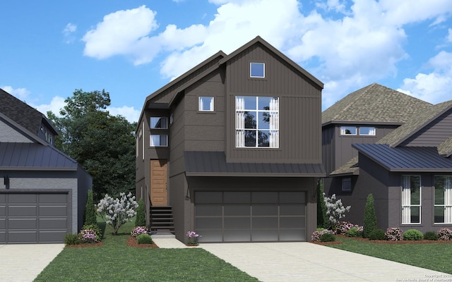 20675 Huebner Rd, San Antonio, TX 78258 - view of front of house with a front yard, a garage, driveway, and board and batten siding