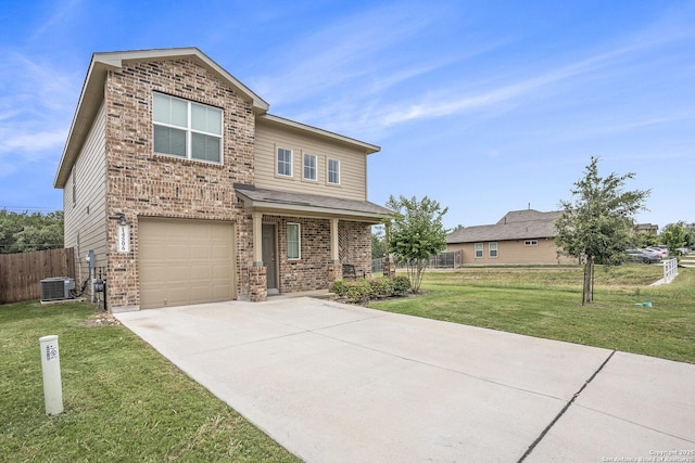 14506 Tundra Swan, San Antonio, TX 78253 - view of front of house featuring brick siding, central AC unit, driveway, an attached garage, and a porch