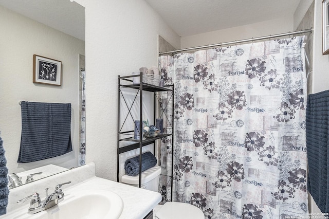 14506 Tundra Swan, San Antonio, TX 78253 - full bathroom with vanity, toilet, a textured wall, and a shower with curtain
