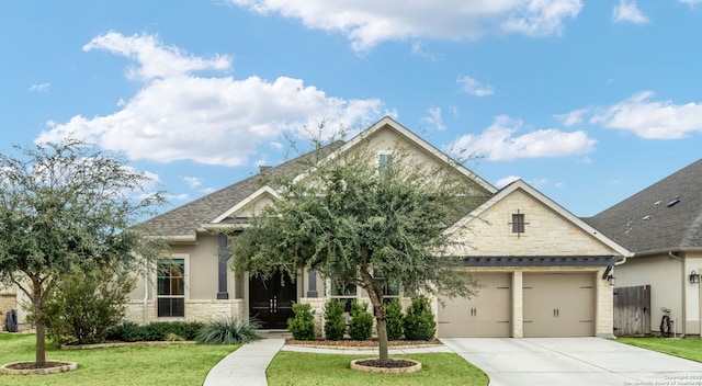 7938 Cibolo, Boerne, TX 78015 - view of front facade with an attached garage, stone siding, a front yard, concrete driveway, and roof with shingles