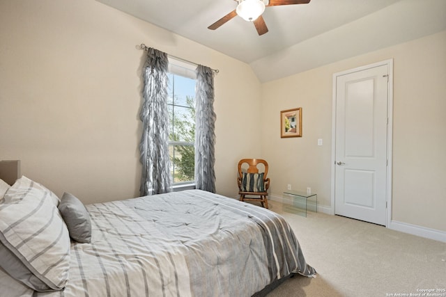 7938 Cibolo, Boerne, TX 78015 - carpeted bedroom with baseboards, vaulted ceiling, and ceiling fan