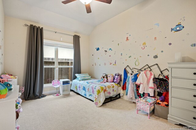 7938 Cibolo, Boerne, TX 78015 - carpeted bedroom with vaulted ceiling and ceiling fan
