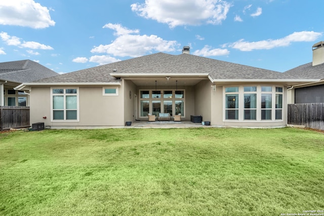 7938 Cibolo, Boerne, TX 78015 - back of house featuring stucco siding, a chimney, a shingled roof, and a patio
