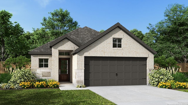 14918 Faraway Mdw, San Antonio, TX 78245 - view of front facade featuring driveway, an attached garage, stone siding, and brick siding