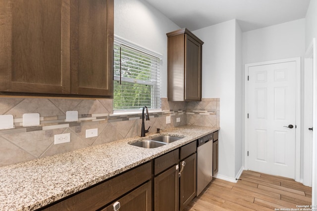 11423 Roadrunner, San Antonio, TX 78245 - kitchen featuring a sink, stainless steel dishwasher, light wood-type flooring, tasteful backsplash, and dark brown cabinets