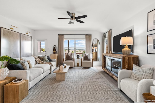 5481 Reverence, Bulverde, TX 78163 - living room with ceiling fan and lofted ceiling