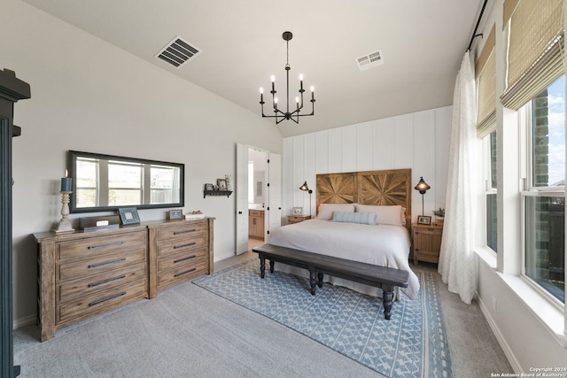 122 Indigo Bnd, Boerne, TX 78006 - bedroom featuring carpet flooring, a chandelier, and high vaulted ceiling