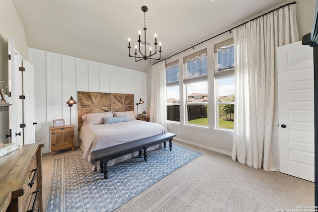 122 Indigo Bnd, Boerne, TX 78006 - bedroom featuring a chandelier, carpet flooring, and lofted ceiling