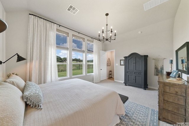 122 Indigo Bnd, Boerne, TX 78006 - carpeted bedroom featuring lofted ceiling, a chandelier, and baseboards