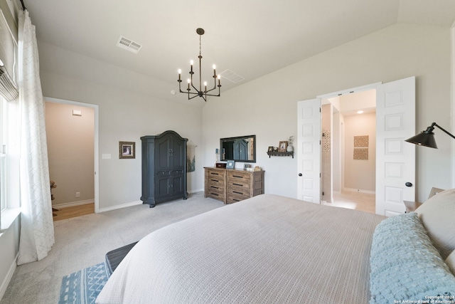 122 Indigo Bnd, Boerne, TX 78006 - bedroom featuring a chandelier, light carpet, high vaulted ceiling, and baseboards