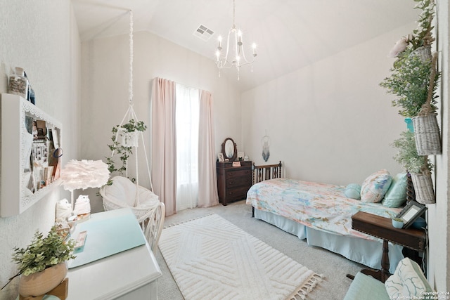 122 Indigo Bnd, Boerne, TX 78006 - bedroom featuring light carpet, a chandelier, and vaulted ceiling