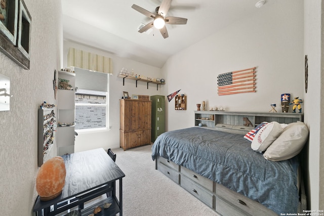 122 Indigo Bnd, Boerne, TX 78006 - carpeted bedroom with vaulted ceiling and a ceiling fan