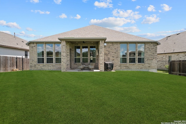 122 Indigo Bnd, Boerne, TX 78006 - rear view of property featuring brick siding, a ceiling fan, a patio, a shingled roof, and central AC unit