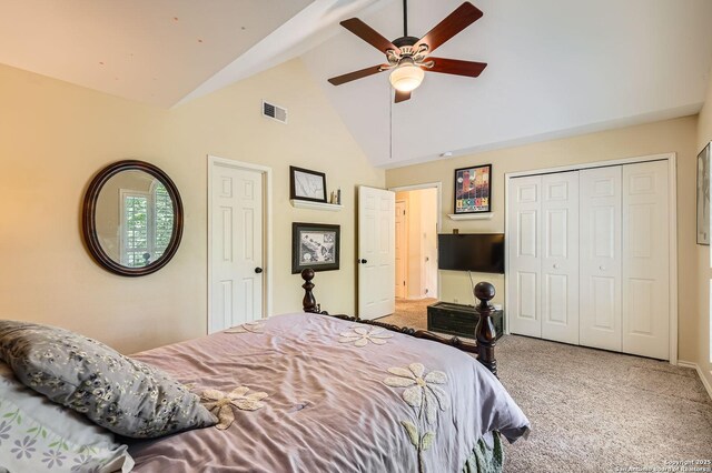 1802 Fallow Run, San Antonio, TX 78248 - bedroom featuring carpet floors, high vaulted ceiling, a closet, ceiling fan, and baseboards