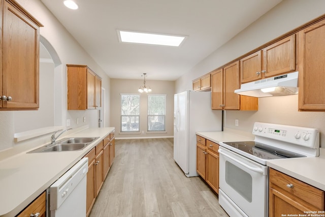 543 Willow Grove Dr, San Antonio, TX 78245 - kitchen with white appliances, under cabinet range hood, a sink, light wood finished floors, and light countertops