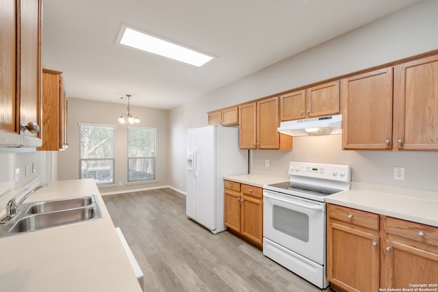 543 Willow Grove Dr, San Antonio, TX 78245 - kitchen with white appliances, under cabinet range hood, a sink, light wood-style floors, and light countertops