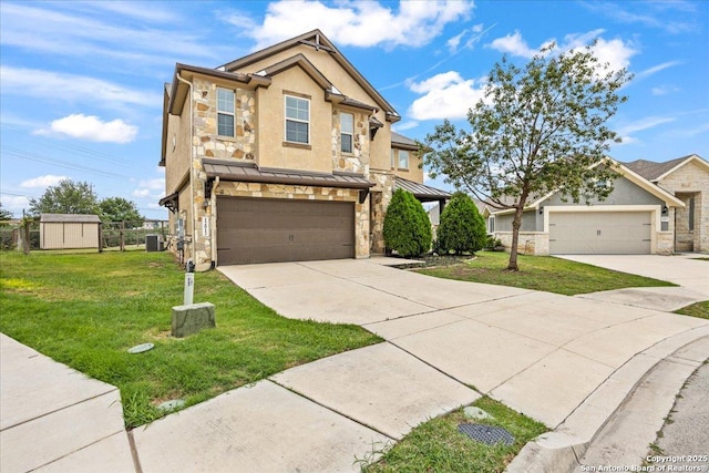 12012 Ivy Post, Schertz, TX 78154 - view of front of home featuring stone siding, driveway, a front lawn, central AC unit, and stucco siding