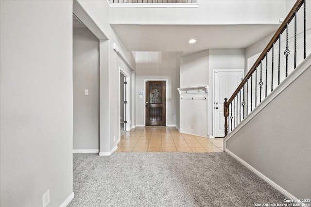12012 Ivy Post, Schertz, TX 78154 - carpeted entryway with tile patterned floors, baseboards, stairway, and recessed lighting