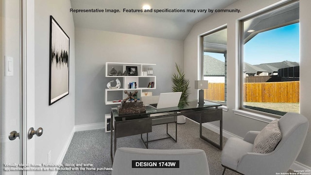 2506 Barkey Spgs, San Antonio, TX 78245 - home office with baseboards, carpet flooring, and lofted ceiling