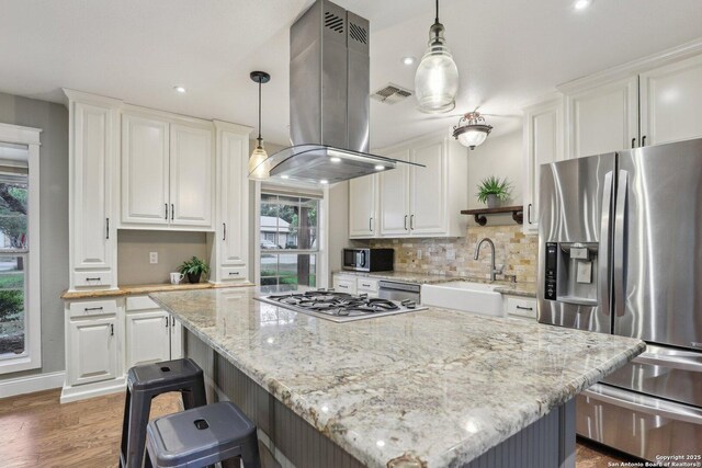 12102 Cherry Blossom, San Antonio, TX 78247 - kitchen with appliances with stainless steel finishes, island range hood, plenty of natural light, a sink, and recessed lighting