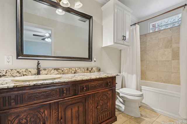 12102 Cherry Blossom, San Antonio, TX 78247 - bathroom featuring vanity, toilet, shower / tub combo, tile patterned floors, and a ceiling fan