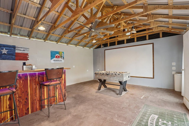 12102 Cherry Blossom, San Antonio, TX 78247 - playroom featuring a dry bar, vaulted ceiling, concrete floors, and ceiling fan