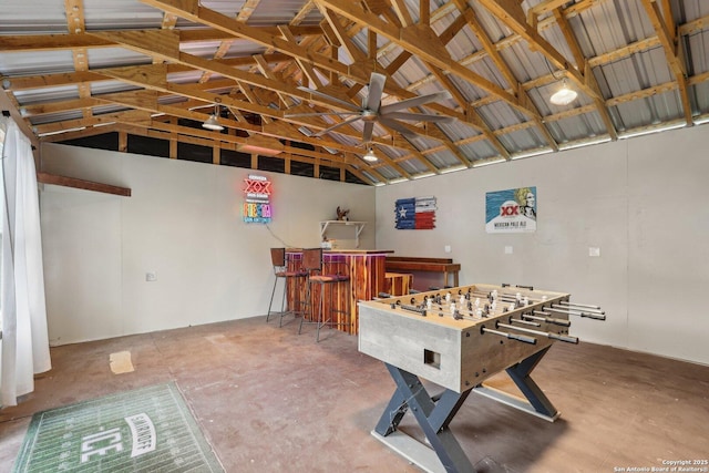 12102 Cherry Blossom, San Antonio, TX 78247 - playroom featuring a dry bar, lofted ceiling, a ceiling fan, and concrete flooring
