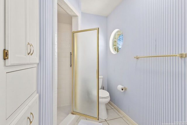557 Timber Holw, New Braunfels, TX 78132 - bathroom with a stall shower, toilet, wallpapered walls, and tile patterned flooring
