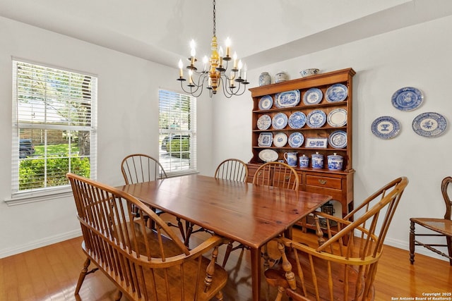 557 Timber Holw, New Braunfels, TX 78132 - dining room featuring a chandelier, light wood-type flooring, plenty of natural light, and baseboards