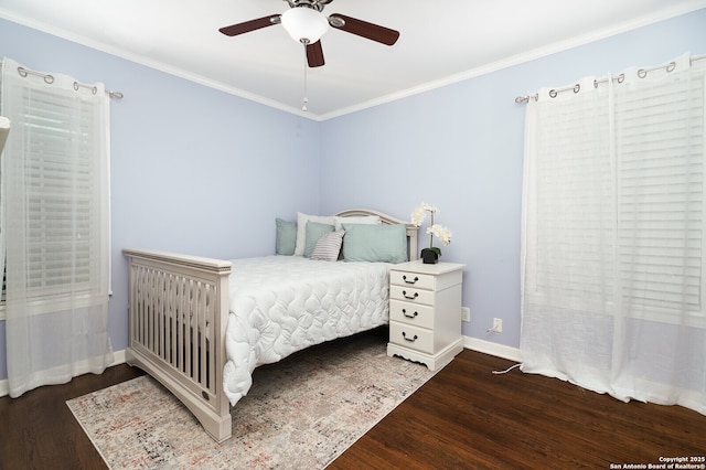 311 Redcliff, San Antonio, TX 78216 - bedroom featuring wood finished floors, ornamental molding, baseboards, and a ceiling fan